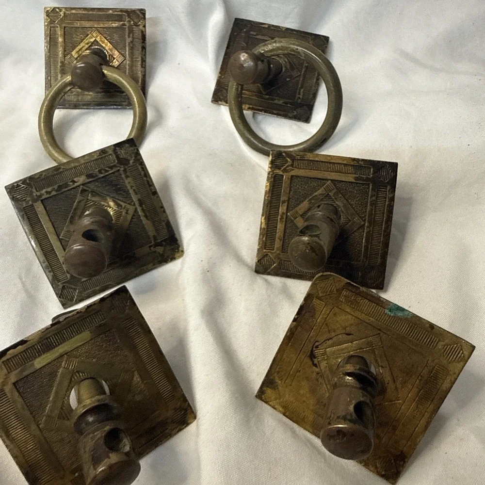 Vintage Lot Brass 6 Arts & Crafts drawer Square Ring pull Steampunk Boho Diamond